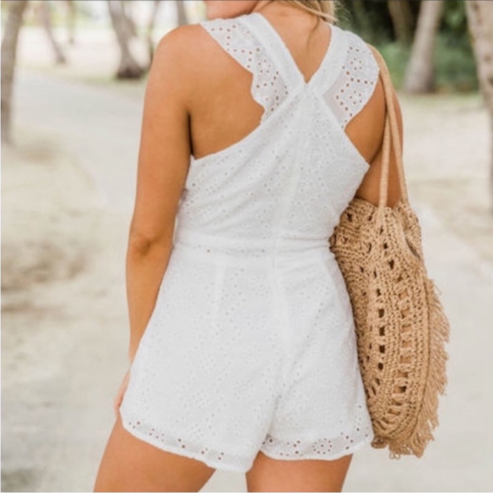 Pink Lily White Eyelet Cross-Back Romper - Picture 6 of 13